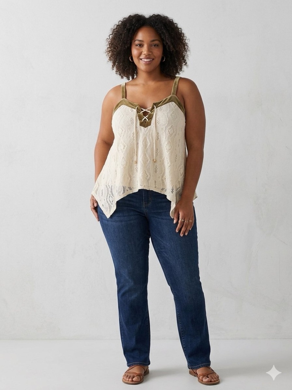 Maurices Cream Lace Tank with Olive Trim and Classic Blue Jeans